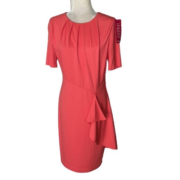 NWT LDT Brooke Pleated Coral Tangerine Draped Ruffe Knit Sheath Dress - 8 - Picture 2 of 13